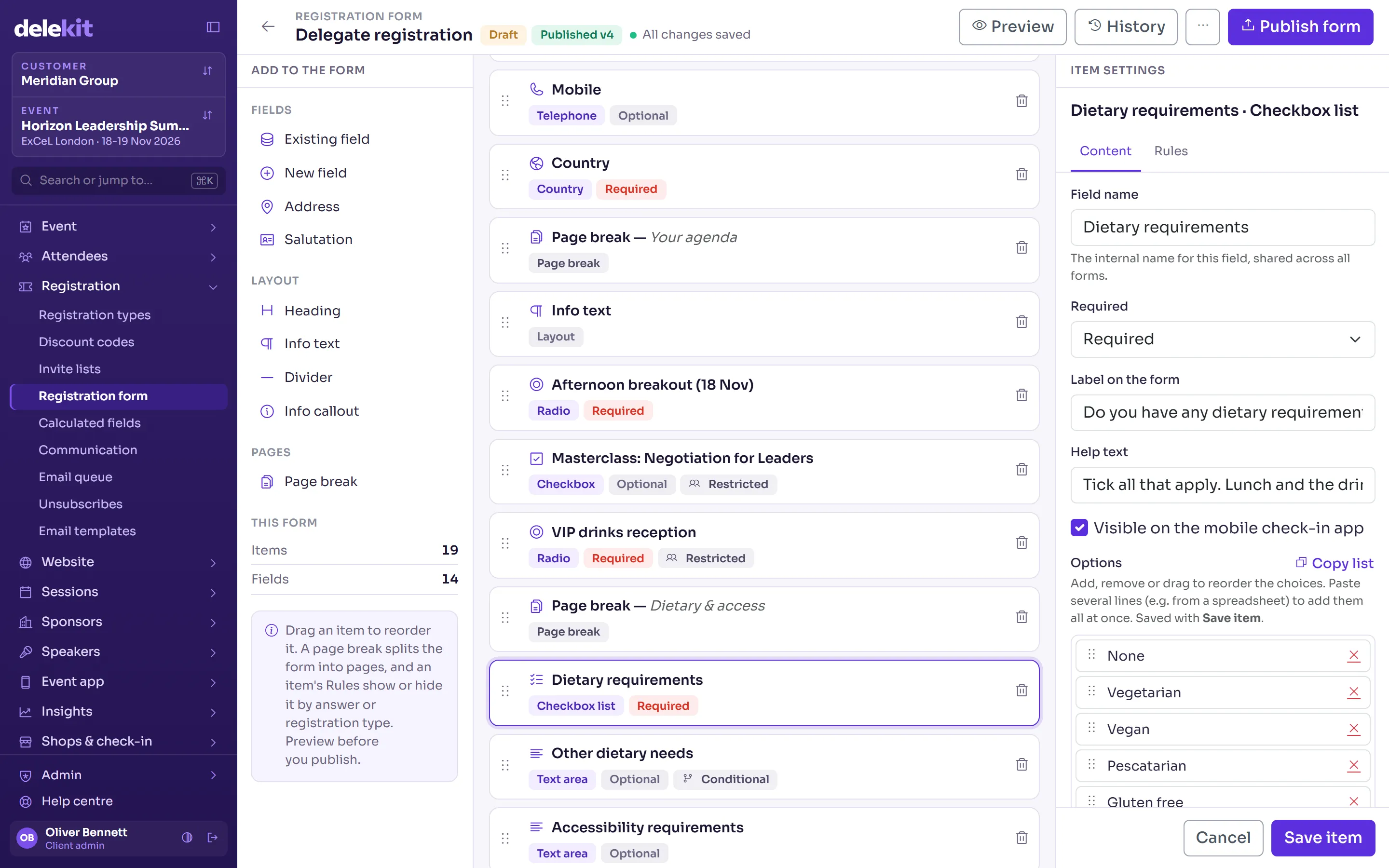 Delekit registration form builder with conditional fields, page breaks and a dietary requirements question
