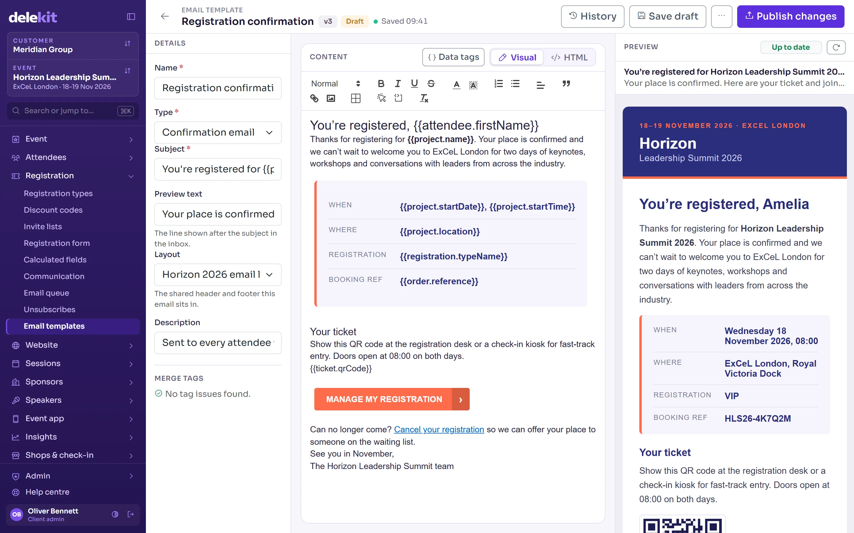 Delekit email template editor with a live preview of a registration confirmation