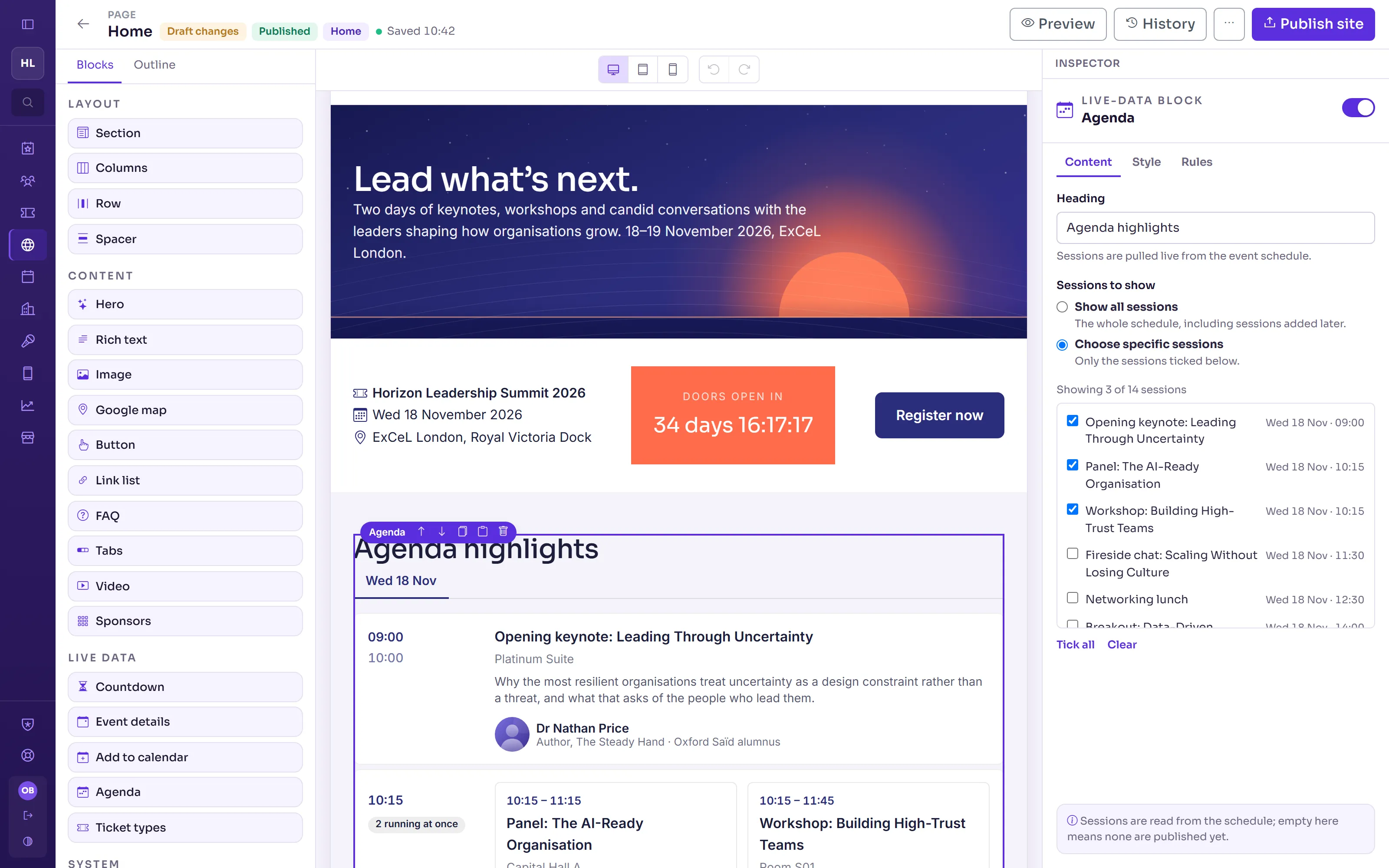 Delekit event website builder with live agenda and countdown blocks