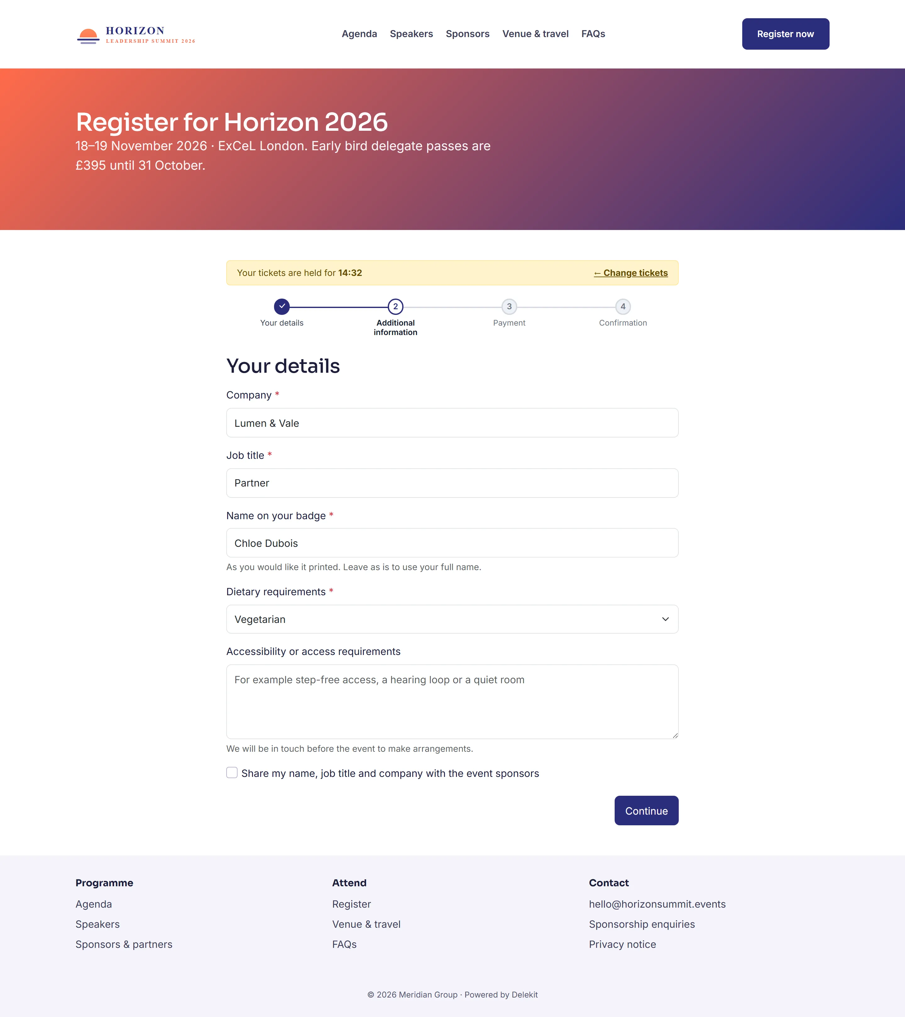 A branded multi-step registration page for Horizon Leadership Summit 2026