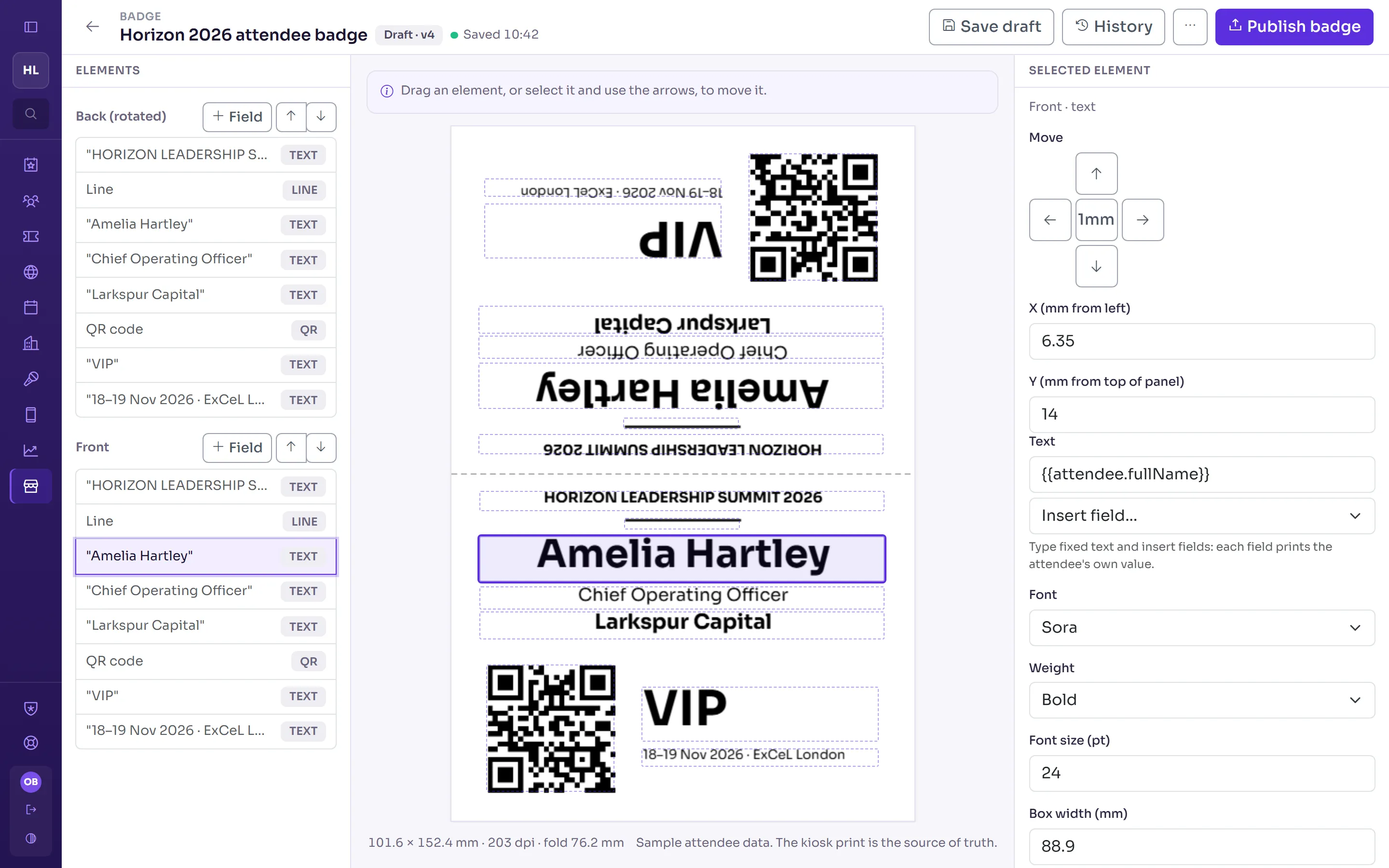 Delekit badge designer with a double-sided fold badge, QR code and VIP access label