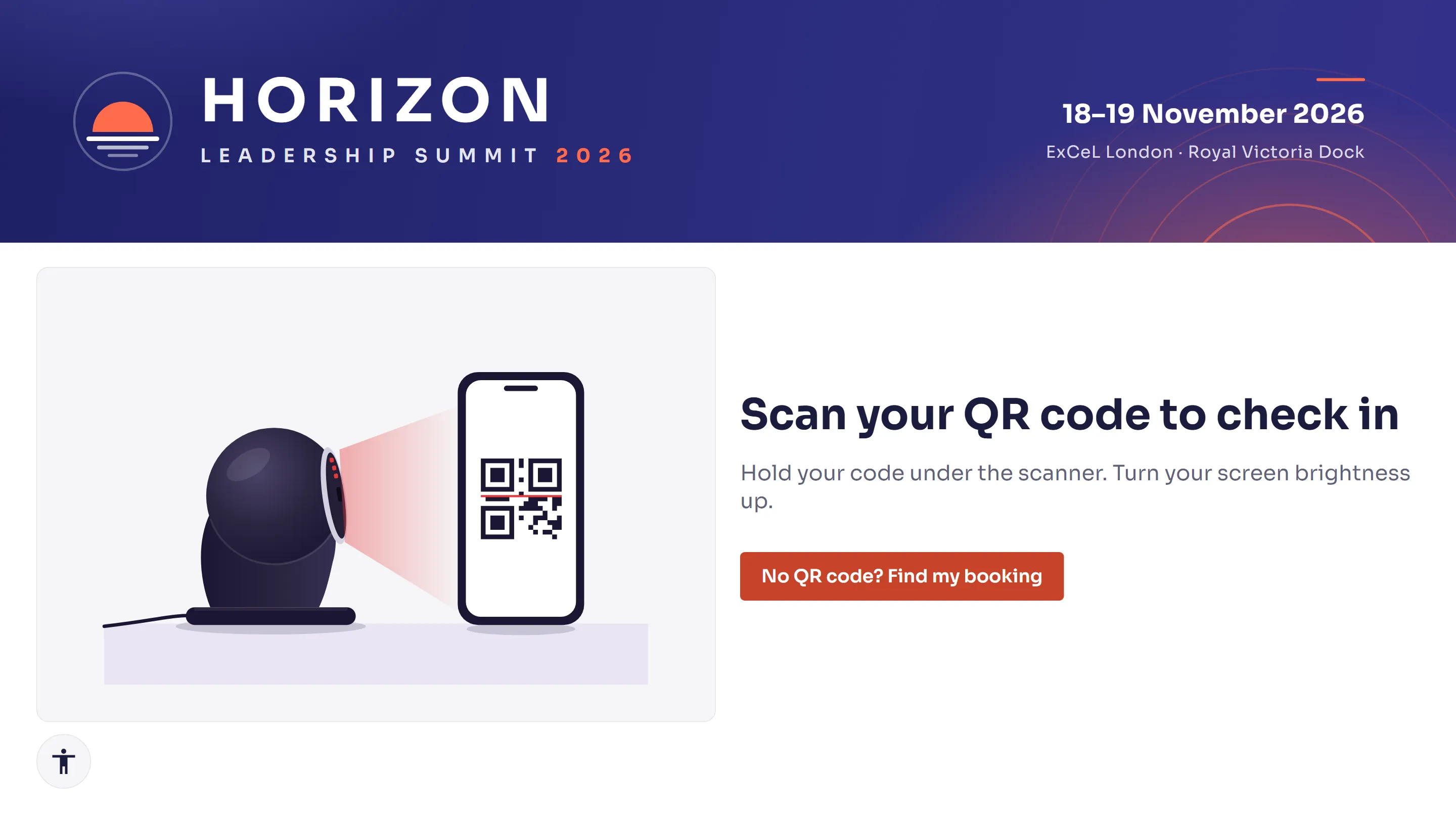 A branded self check-in kiosk screen asking the attendee to scan their QR code