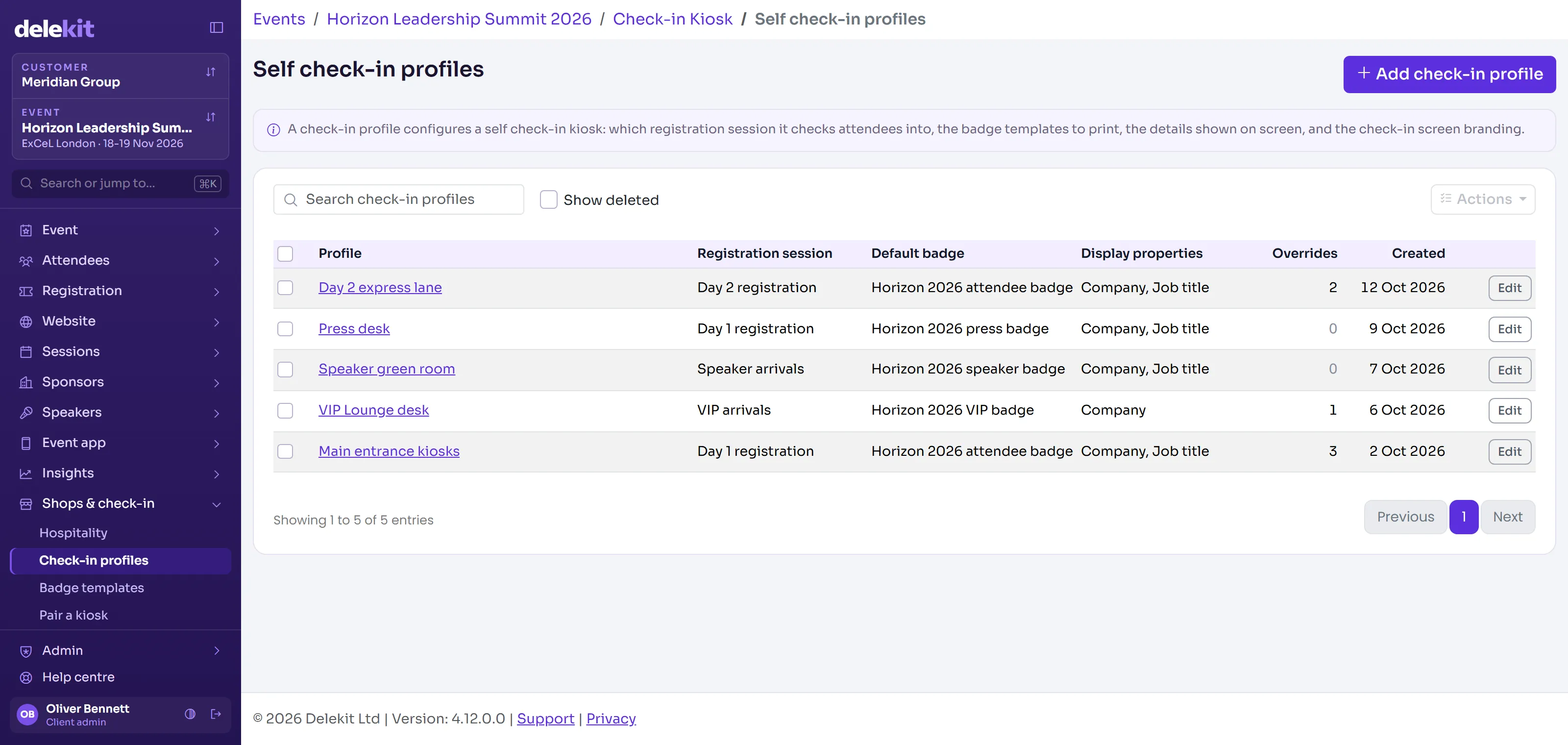 Delekit self check-in profiles, each with its own registration session and badge template