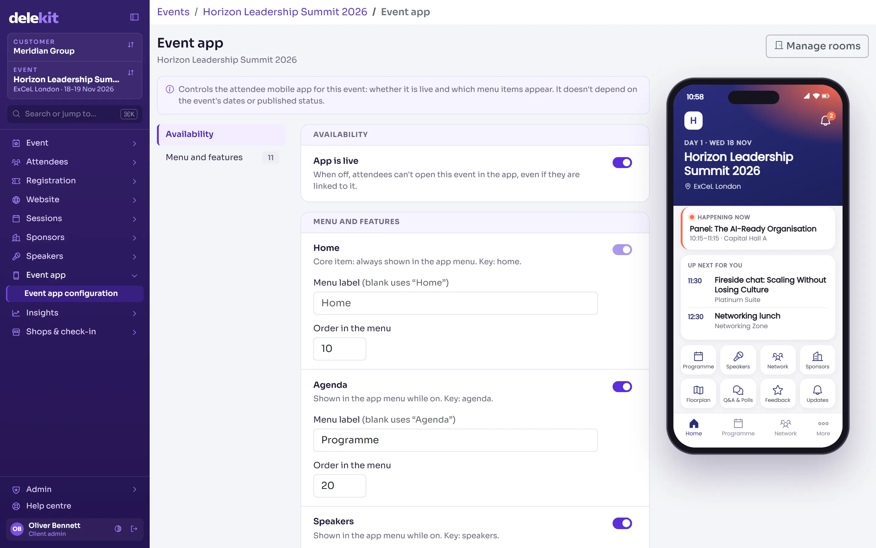 Delekit event app configuration beside a phone preview of the Horizon Leadership Summit app